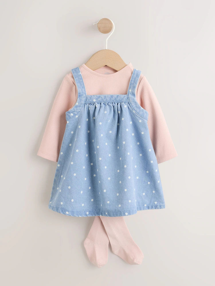 Denim Spot Baby Pinafore Long Sleeve Bodysuit And Tights 3 Piece Set (0mths-2yrs)