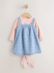 Denim Spot Baby Pinafore Long Sleeve Bodysuit And Tights 3 Piece Set (0mths-2yrs)