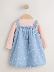 Denim Spot Baby Pinafore Long Sleeve Bodysuit And Tights 3 Piece Set (0mths-2yrs)