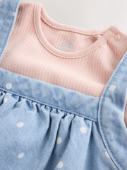 Denim Spot Baby Pinafore Long Sleeve Bodysuit And Tights 3 Piece Set (0mths-2yrs)