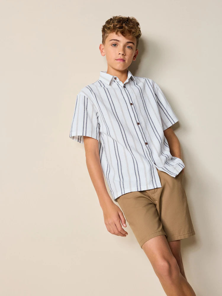 White Stripe Short Sleeve Seersucker Textured Shirt (3-16yrs)