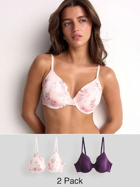 Plum Purple/Floral Print Full Cup A-E Smoothing Ultimate Comfort Bras 2 Pack