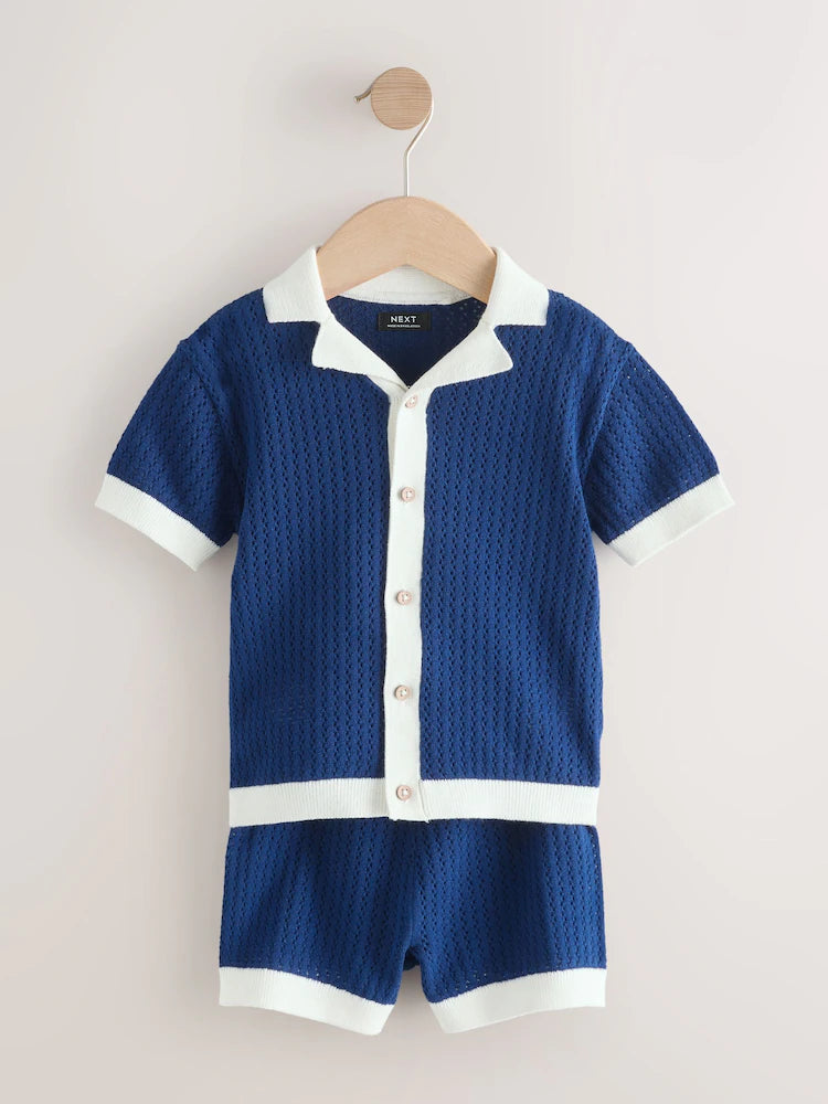 Navy Blue Knitted Polo Shirt and Shorts Set (3mths-10yrs)