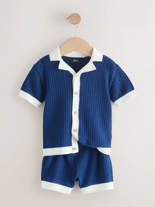 Navy Blue Knitted Polo Shirt and Shorts Set (3mths-10yrs)