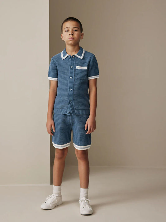 Blue Knitted Polo Shirt and Shorts Set (3-16yrs)