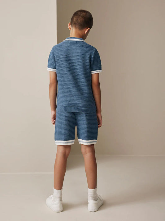 Blue Knitted Polo Shirt and Shorts Set (3-16yrs)