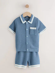 Blue Knitted Polo Shirt and Shorts Set (3-16yrs)