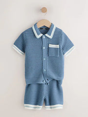 Blue Knitted Polo Shirt and Shorts Set (3-16yrs)
