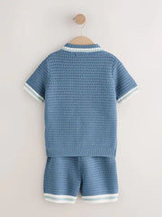 Blue Knitted Polo Shirt and Shorts Set (3-16yrs)