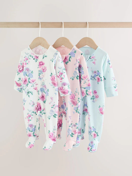 Pink Two Way Zip Baby Sleepsuit 3 Pack (0-2yrs)