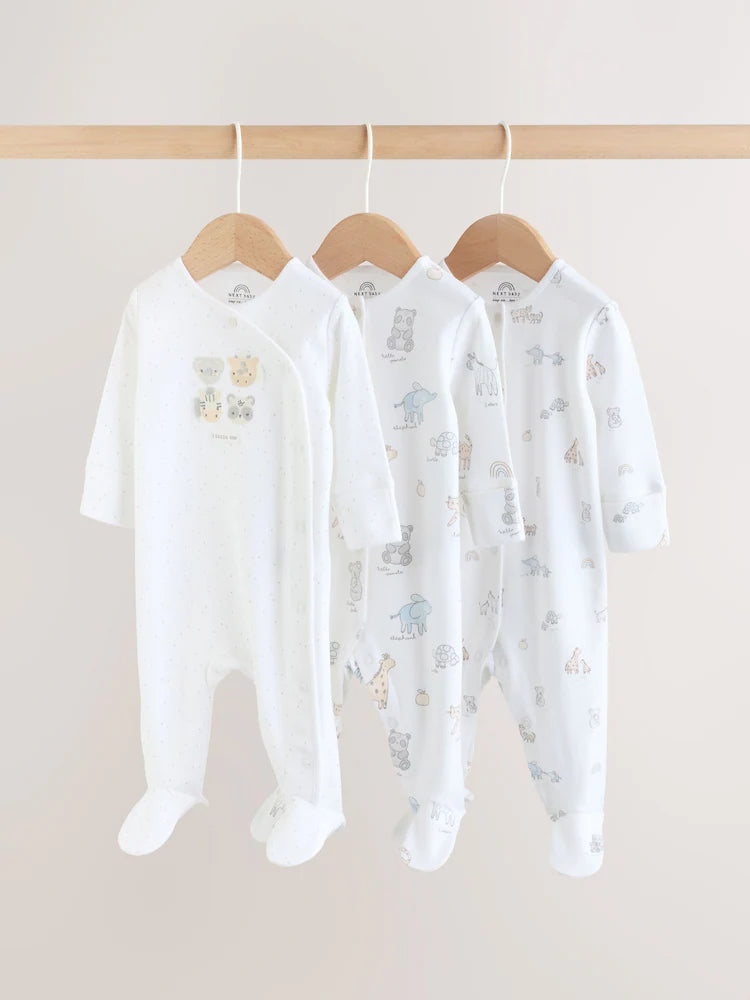 White Safari Baby Sleepsuits 3 Pack (0-2yrs)