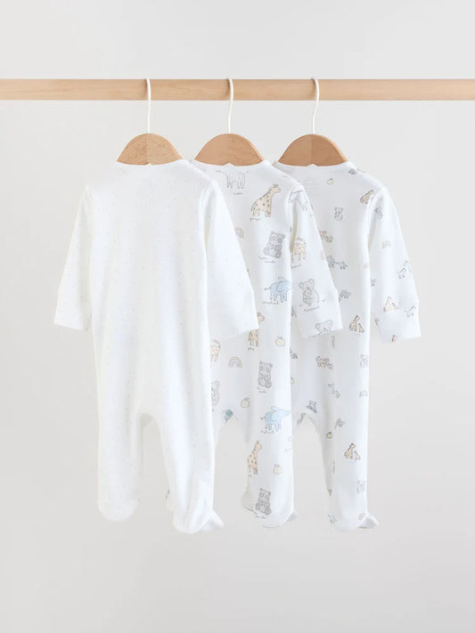 White Safari Baby Sleepsuits 3 Pack (0-2yrs)