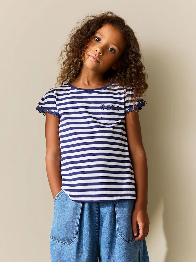 NEXT - Navy/White Stripe Daisy Pocket T-Shirt (1.5-16yrs)