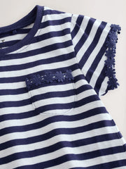 NEXT - Navy/White Stripe Daisy Pocket T-Shirt (1.5-16yrs)