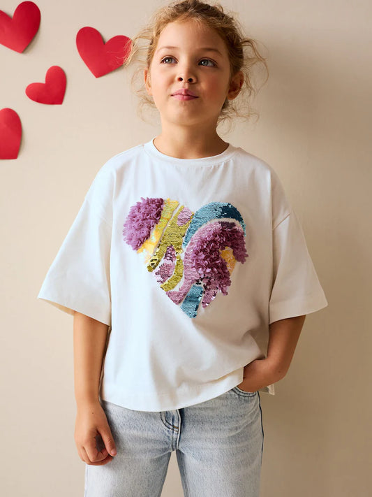 White Boxy Sequin Heart T-Shirt (3-16yrs)
