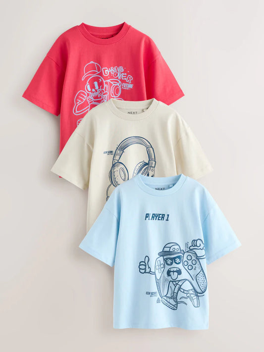 Red/Blue/Cement Relaxed Fit Graphic Print Short Sleeve T-Shirts 3 Pack