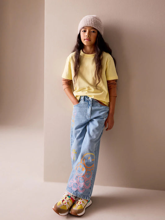 Mid Blue SmileyWorld® Print Wide Leg Jeans