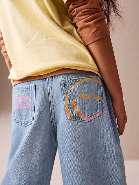 Mid Blue SmileyWorld® Print Wide Leg Jeans