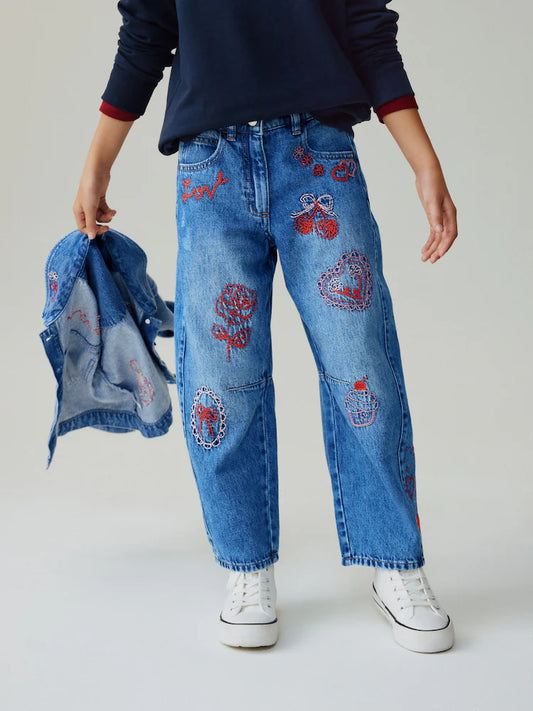 Mid Blue Embroidered Barrel Jeans