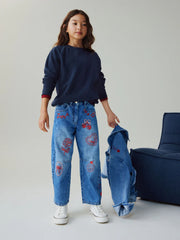 Mid Blue Embroidered Barrel Jeans