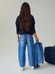 Mid Blue Embroidered Barrel Jeans