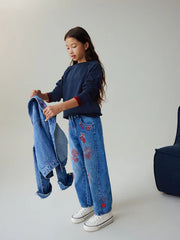 Mid Blue Embroidered Barrel Jeans