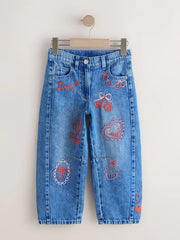 Mid Blue Embroidered Barrel Jeans