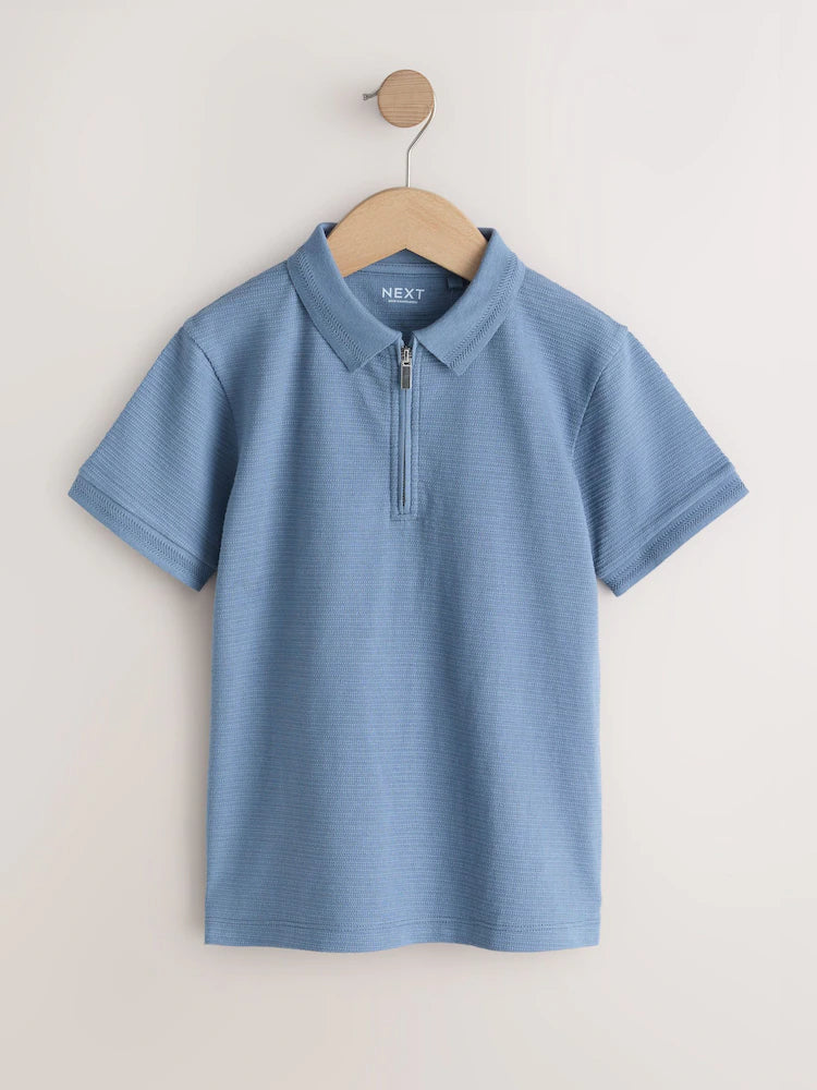 Blue Textured Short Sleeve Zip Neck Polo Shirt (3-16yrs)