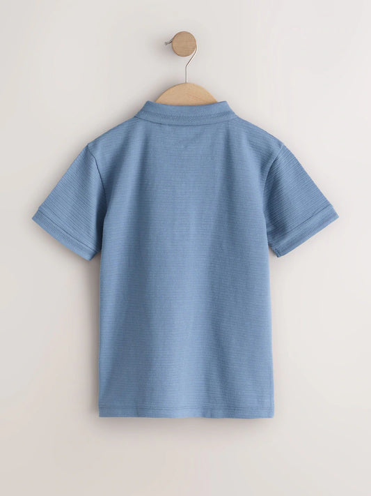 Blue Textured Short Sleeve Zip Neck Polo Shirt (3-16yrs)