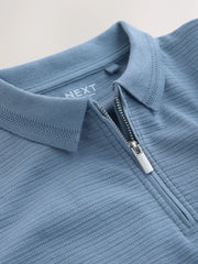 Blue Textured Short Sleeve Zip Neck Polo Shirt (3-16yrs)