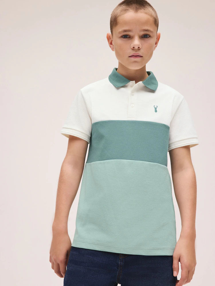 NEXT - Teal Blue/Ecru Textured Colourblock Polo Shirt (3-16yrs)