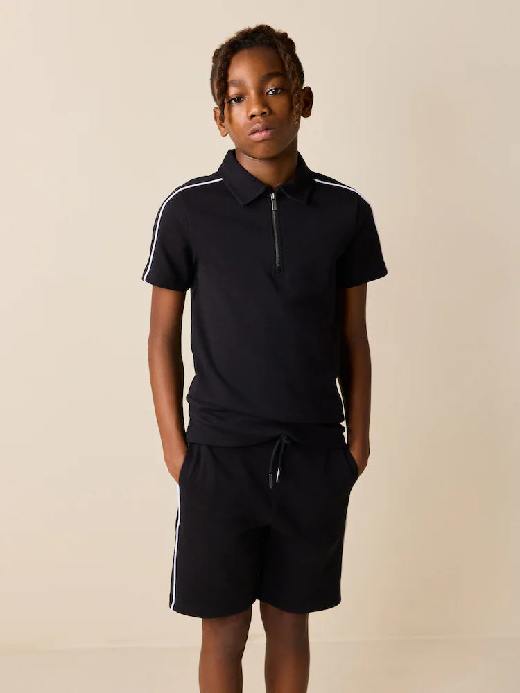 Black Zip Neck Polo Shirt and Shorts Set (3-16yrs)