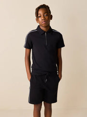 Black Zip Neck Polo Shirt and Shorts Set (3-16yrs)