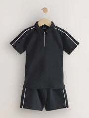 Black Zip Neck Polo Shirt and Shorts Set (3-16yrs)