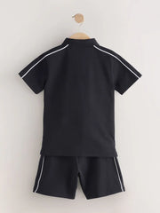 Black Zip Neck Polo Shirt and Shorts Set (3-16yrs)