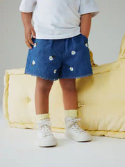 Mid Blue Daisy Embroidered Denim Shorts (3mths-7yrs)
