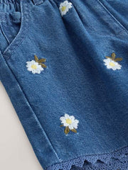 Mid Blue Daisy Embroidered Denim Shorts (3mths-7yrs)