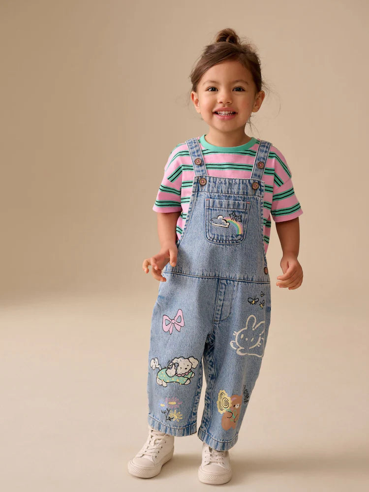 Mid Blue Cat Printed Denim Dungarees
