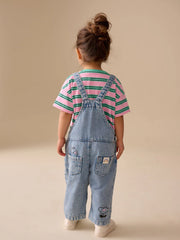 Mid Blue Cat Printed Denim Dungarees