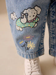 Mid Blue Cat Printed Denim Dungarees