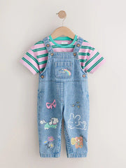 Mid Blue Cat Printed Denim Dungarees