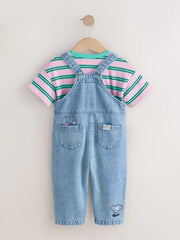 Mid Blue Cat Printed Denim Dungarees