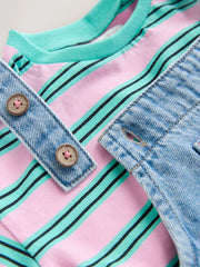 Mid Blue Cat Printed Denim Dungarees