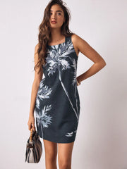 Navy Blue Floral Linen Rich Square Neck Shift Mini Dress