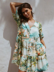 Blue House Print Short Sleeve Button Through Tiered Mini Dress with Linen