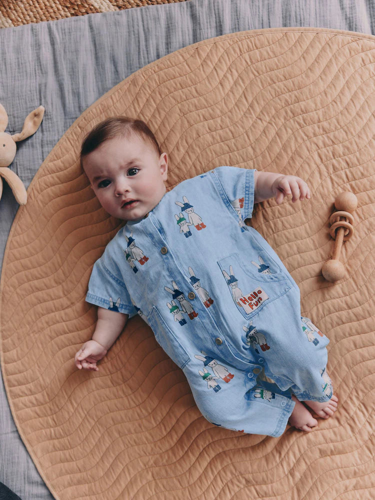 Blue Denim Rabbit Print Short Sleeve Baby Romper