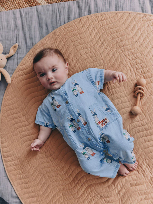 Blue Denim Rabbit Print Short Sleeve Baby Romper