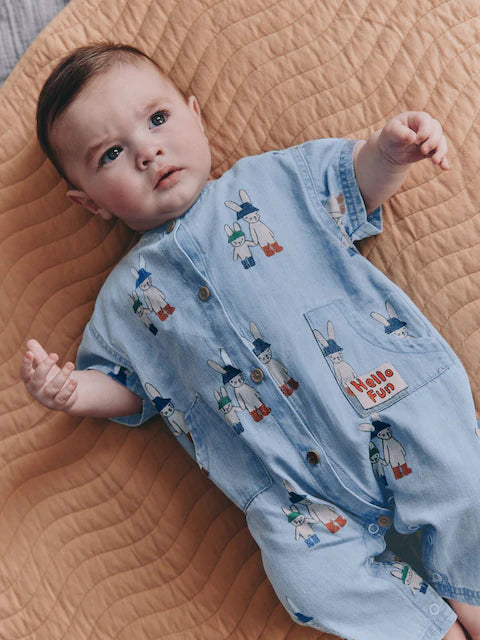 Blue Denim Rabbit Print Short Sleeve Baby Romper