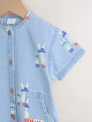 Blue Denim Rabbit Print Short Sleeve Baby Romper