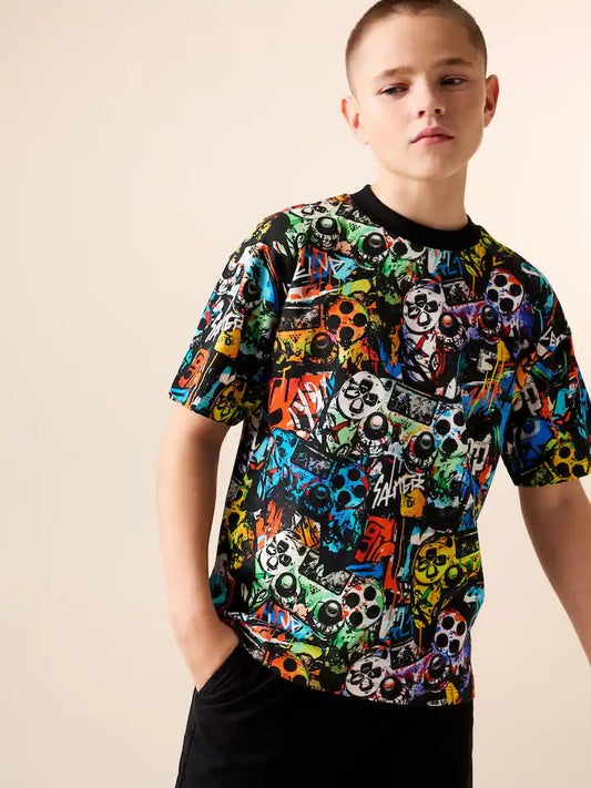 Black Graffiti Controller Relaxed Fit Short Sleeve All-Over Print T-Shirt (3-16yrs)